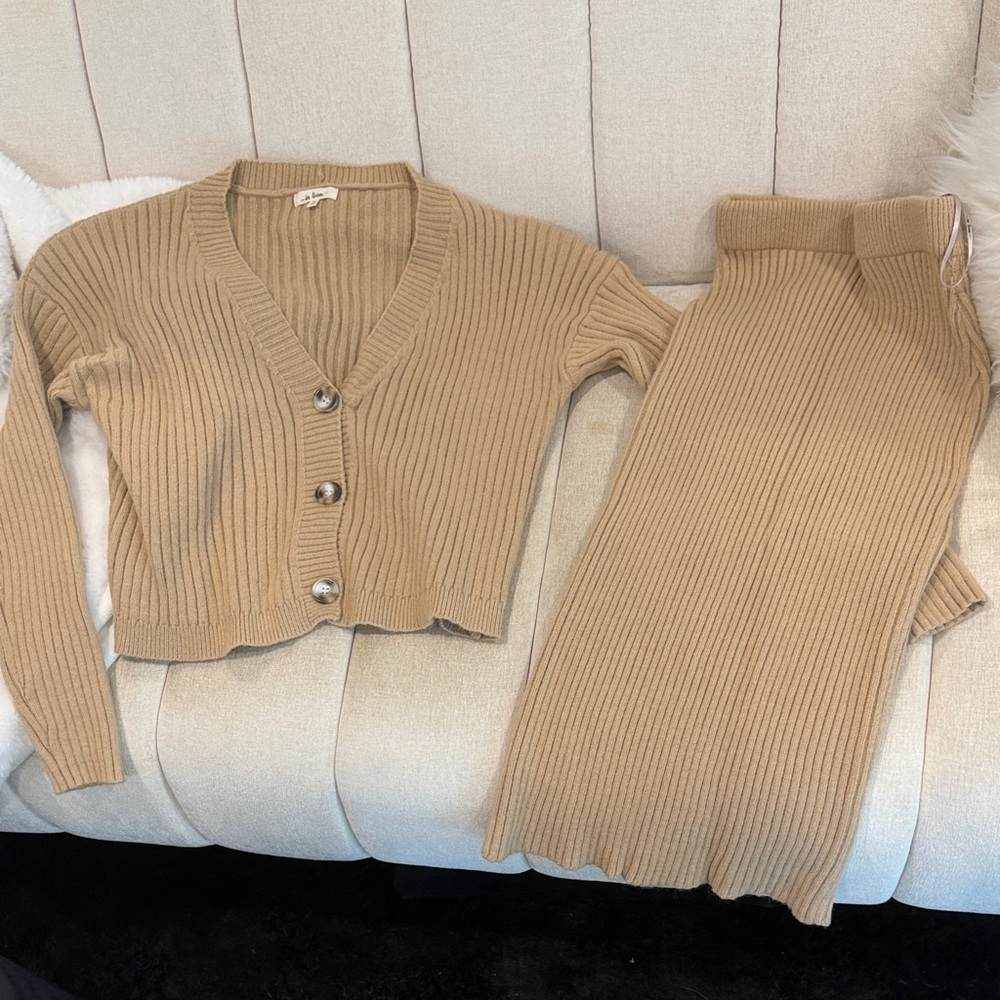 Women's Tan Knit Cardigan and Skirt Set